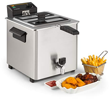 Klarstein Family Fry - Friteuse, 3000W, 8 Litres, Thermostat réglable en continu, Oil Drain Technologie, Zone de refroidissement, Boîtier Cool Touch, Inox, argent
