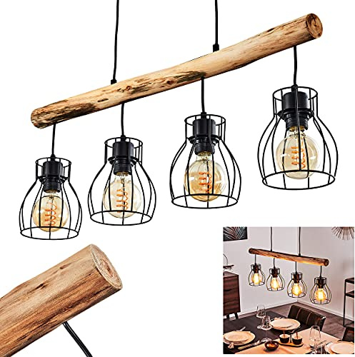 HOFSTEIN Pendelleuchte Gondo, Hängelampe aus Metall/Holz in Schwarz/Braun, 4-flammig aus Naturholz und schwarzem Metall, gitterförmige Lampenschirme, Höhe bis max. 138 cm, Küche, Wohnzimmer, Esszimmer