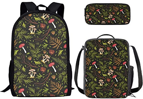 Binienty Kids Fashion Print Rucksack für Mädchen Schule Büchertasche für elementare 3 in 1 Schulranzen Sets mit Lunch Tote Bleistifttasche, Pilz-4, Einheitsgröße