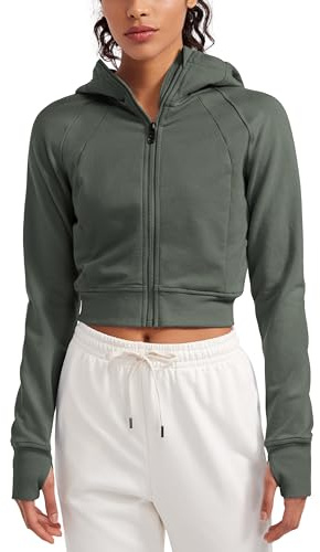 CRZ YOGA Dam huvtröja med full dragkedja jacka cropped running zip up löparjacka träning sport sweatjacka med tumhål, Grå salvia, 44