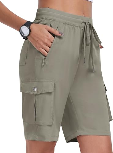 MoFiz Short Cargo Femme Shorts Bermuda Été élastique Taille Léger Short de Randonnée Sport Jogging Décontracté Extérieur 6 Poches Gris-Kaki Taille EU XL