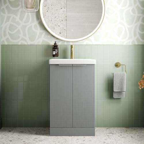 BAYSTONE® Fluted 500mm Bathroom Vanity Unit Ceramic Wash Sink, Cloakroom Storage Furniture Under Basin Cabinet Floorstanding Cupboard, Matt Grey
