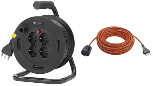 Vimar 0P32730 Avvolgicavo 16A 4 Uscite Universali 15M, Nero, ‎16.75 x 11.75 x 16.75 cm, 2.5 Kg & 0R32394 Prolunga Elettrica Universale Con Cavo Da 20M, 21 X 21 X 8 Cm, Arancione