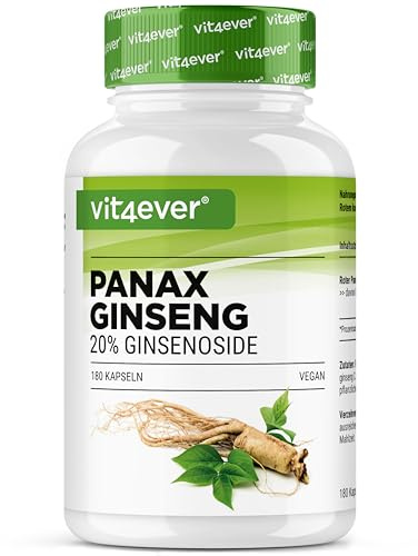 Ginseng rojo Panax 180 cápsulas - 1800 mg por dosis diaria - 20% de ginsenósidos - Extracto de raíz de ginseng rojo coreano 20:1 - Alta dosis - Vegano