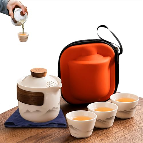 Chinesisches Gongfu-Tee-Set aus Porzellan, tragbares Keramik-Teekannen-Set, tragbare All-in-One-Mini-Reisetasche für Reisen, Zuhause, Geschenk, Outdoor-Camping, Picknick und Büro, Geschäft, Hotel