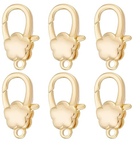 FINGERINSPIRE 6 cierres de pinza de langosta de latón – 7,5 x 14 mm con forma de flor en acabado dorado, cierre seguro para collares, pulseras y manualidades (con caja de almacenamiento)