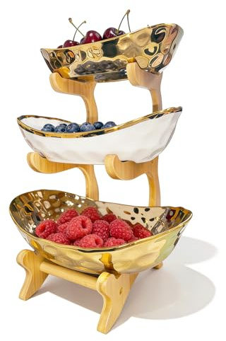 ANEELV Dreistöckiges Obstregal, Obstschale, Keramik, Bambusfuß. Moderne Obstschale für die Küche zum Präsentieren von Obst, Snacks und Gebäck. Gold