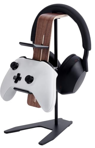 UNICRAFTALE Headphone Stand for Desk Wood & Aluminum Gaming Headset Stand Wooden Black Headphones Holder Headsets Holders with Solid Heavy Base for Gaming Equipment Headset Holder 23.5x4.6x7.7cm