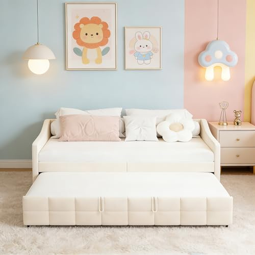 KRYZOR Tagesbett 90x200 cm Ausziehbar für 2 Kinder mit Lattenrost, 2 Seitentaschen, Kinderbett mit Ausziehbett, Polsterbett Doppelbett Kinder, Samt, Beige (Beige, 90 x 200 cm)
