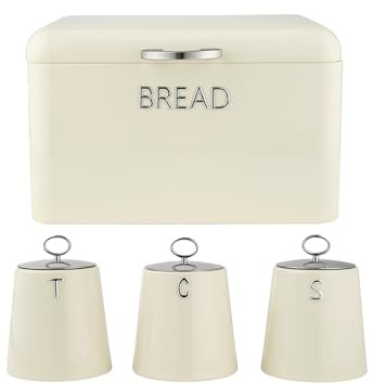 Salter Retro Cream Bread Bin & Canisters – 4-Piece Countertop Set, Dried Goods, Tea, Coffee & Sugar Canisters, Dry Food Storage Containers, Pastries, Rolls, Bagels, Durable Steel, Embossed Lettering | Durable Steel, Embossed Tea Coffee Sugar Labels, Countertop Dry Goods Storage, Keeps Contents Fresh, Matching Canisters