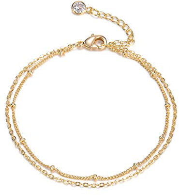 Bemoly Women Dainty Anklet,14K Gold Plated Satellite Anklet Double Layered Cute Beads Chain Tassel Coin Disc Heart Summer Ankle Bracelet Boho Beach Foot Chain