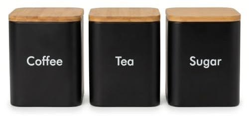 EHC Tea Coffee Sugar Canister Set of 3, Storage Canisters Set - Easy to Open Airtight Lids, Black