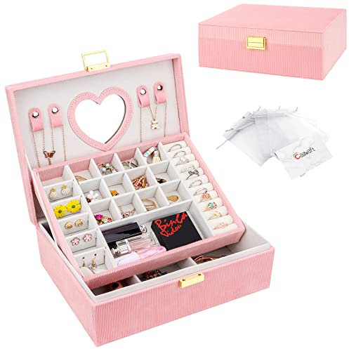Schmuckkasten, Großer Schmuckkästchen mit Spiege für Damen Mädchen, Samt Schmuckbox Schmuckschatulle Groß Schmuck Organizer für Ringe Ohrringe Armbänder Halsketten, Rosa