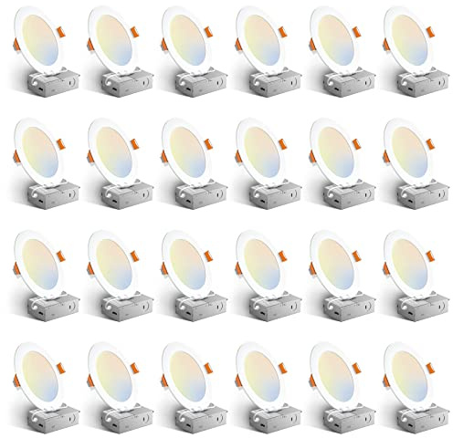 Amico 24 Pack 6 Inch 5CCT Ultra-Thin LED Recessed Ceiling Light with Junction Box, 1050LM Brightness, Dimmable Canless Wafer Downlight, 12W, ETL&FCC