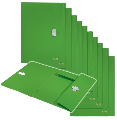 Leitz Recycle Dokumentenmappe A4, 10er Pack, Für 150 Blatt, Kunststoff-Ordner in Premium-Qualität mit Gummibändern, 100 % recycelbar, Umweltfreundlich, Recycle Serie, Grün, 46220055