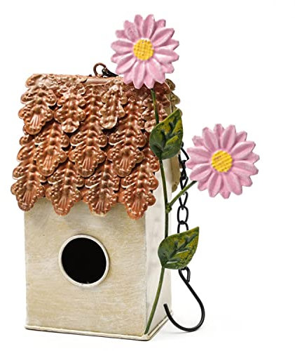Deko Vogelhaus - Nistkasten - bemaltes Metall - mit Aufhänger - für Meisen, Spatzen und andere Gartenvögel (Beige/Braun)