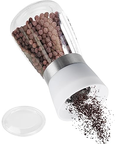 Molinillo de Pimienta y Sal con Fuerte Cerámica de Finura Ajustable, Salero de Vidrio, Agitador de Especias Transparente para Sal Marina Gruesa, Pimienta, Comino [Sin Contenido de Especias]