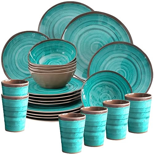 Melamin Geschirr Set für 6 Personen Steingut Optik Aqua-grün 24 Teile - mit Tellern und Bechern - Campinggeschirr