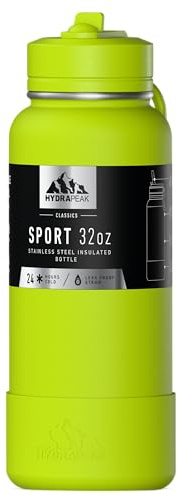 Hydrapeak Insulated Sports Water Bottle with Straw or Drinking Lid, Leak-Proof, Keeps Drinks Cold for 24 Hours, Hot for 12 Hours, Premium Stainless Steel Water Bottles (30.7 oz, Neon Green)