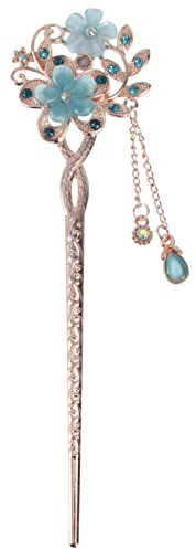 Ipetboom Pince à Cheveux Japonaise et Chinoise - Décoration Vintage avec Fleur - Pince et à Cheveux pour Femmes Épingle Lisse de Accessoire Élégant Bleu pour Chignons Raffinés avec Fleurs