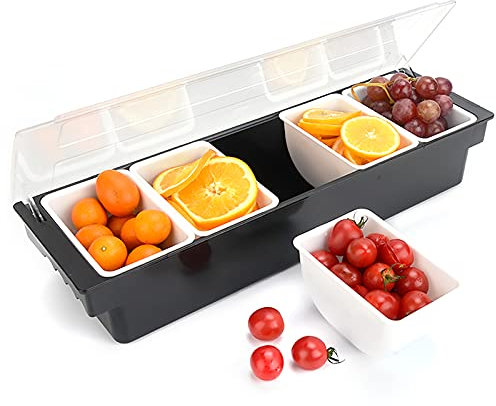JUDEMII 5 contenitori per ingredienti in acciaio inox, scomparti per bar, contenitore per ingredienti, vassoio per frutta in plastica con coperchio per uso in cucina ristorante bar