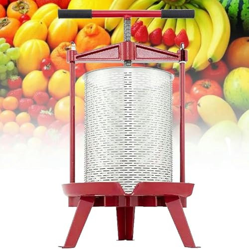 HDMOZUYT Pressoir à Fruits 14L, Fabrication de cidre de vin, Panier Creux en Acier Inoxydable, Base Robuste et Stable, Presse à Miel Ergonomique à poignée en T pour vergers et Saison des récoltes~/
