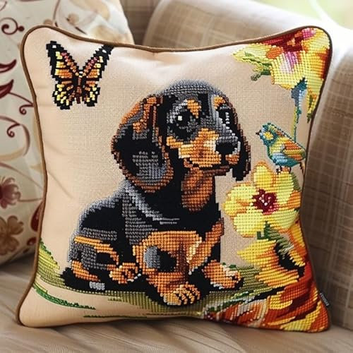 WallustrioaW Knüpfkissen Set,Latch Hook Kissen Kit Dackel,Tierhund und Blumen,3D Handgemachte Geschenke Knüpfteppich Für Kinder Und Erwachsene Knüpfset,43x43cm