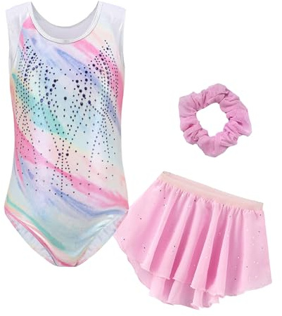 Happy Cherry Gymnastiktrikåer för flickor, ärmlös, med kjol och pannband, outfit, balletdans, skinande, body gym sportkostym, show för barn 5–12 år, rosa, 5-6 �r