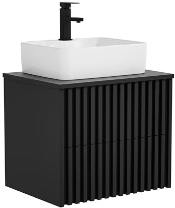 UEV Waschtisch mit Unterschrank, Waschbeckenunterschrank hängend 61cm | Badmöbel Set, Waschplatz Keramik Waschbecken, ausreichend Stauraum Platzsparender Badezimmmer Möbel für Gäste WC Schwarz