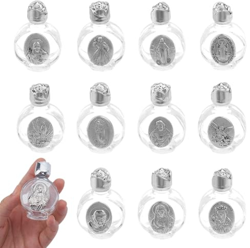 DELORIGIN 12 botellas de agua bendita de cristal 0,5 Floz en relieve, botellas de agua bendita de cristal, rellenables, portátiles para viajes, recipientes vacíos, decoraciones de iglesia, color