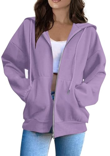 Womens Oversized Sweatshirts Zip Up Hoodies For Women Uk 2025 Lightweight Long Sleeve Sweatshirts Casual Zipper Hooded Jackets Oversized With Pockets Purple L