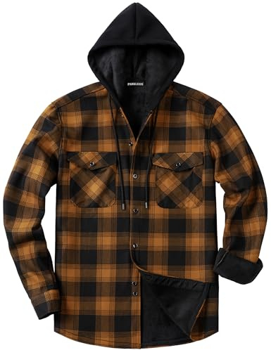 PARKLEES Camisa de franela con capucha a cuadros para hombre, con forro cálido, informal, acolchada, con botones, naranja, M