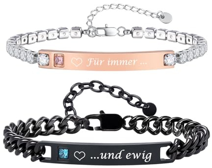 XUANPAI Partner Armband Valentine's für Paare His Hers, Verstellbar 19+5 cm & 17+5 cm, Schwarzes & Roségoldenes Cuban Link Armband mit Zirkonia, Geschenk für Ihn & Sie