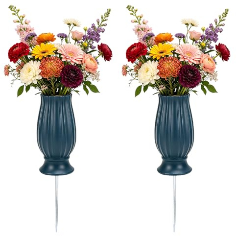 IIRC 2 Stück Grabvase mit Erdspieß – Grabvasen zum Stecken aus Kunststoff, 35cm Hoch für Trocken- & Frischblumen