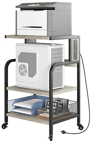 3-Tier Rolling Printer Stand with Power Outlets & USB Ports, Under Desk Mobile Printer Cart 80×40×50cm, Height Adjustable Metal Printer Shelf on Wheels for Home Office, Storage Rack with Hooks