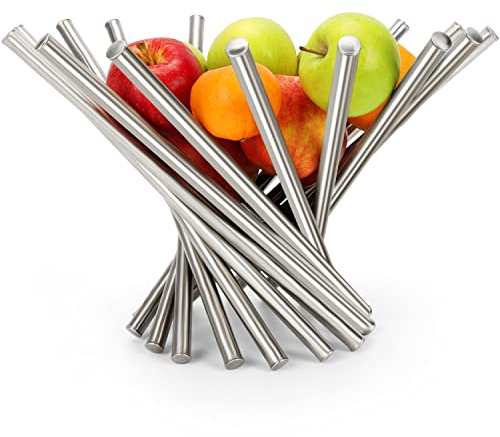 BELLE VOUS Klappbare Silber Obst Edelstahl Schüssel - Große Aufbewahrung Korb Esstisch Deko Obst Deko Silber Schale Küchen Stand für Äpfel, Bananen, Orangen und Brot - Ständer für Tischdeko Esstisch