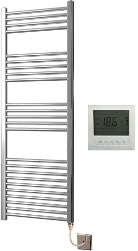 Greened House Chrome Electric Heated Towel Rail 600mm W x 1400mm H + Timer