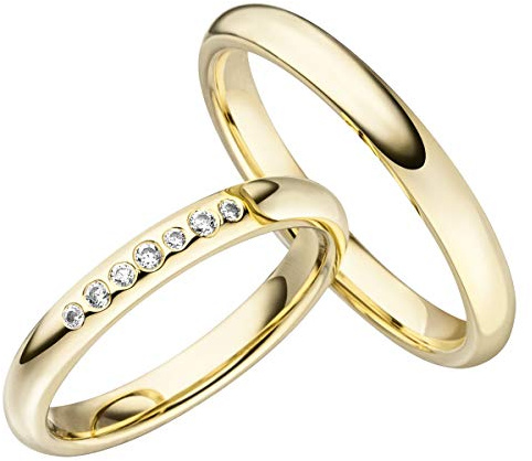 JC Trauringe Silber 925 Paarpreis Eheringe Gold Plattiert I Verlobungsringe 3,0 mm breit I Partnerringe mit Gravur in edler Schatulle I 2 Hochzeitsringe Herrenring & Damenring mit Steinen I LC126-P
