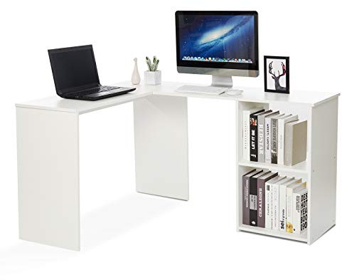 Mondeer Scrivania Angolare, Scrivania per Computer Salvaspazio a L in Legno con Libreria da Mettere Computer Stampante Usato in Ufficio Studio Sala Giochi (Bianco)