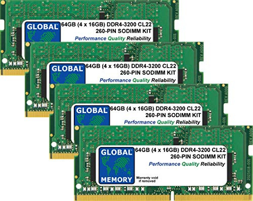 GLOBAL MEMORY 64GB (4 x 16GB) DDR4 3200MHz PC4-25600 260-PIN SODIMM Memoria RAM Kit para Ordenador PORTÁTILES/NOTEBOOKS