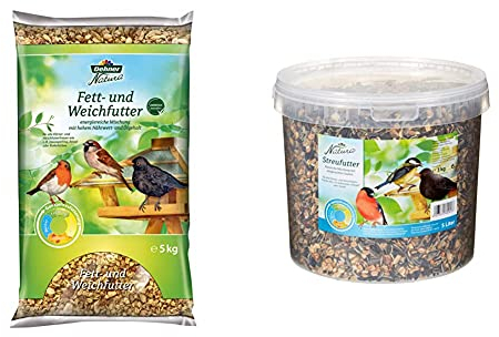 Dehner Natura Wildvogelfutter, Fett- und Weichfutter, 5 kg & Natura Wildvogelfutter, Streufutter im Eimer, 3 kg