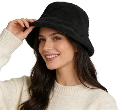 Fischerhüte Winter Bucket Hat Damen Mädchen Eimer Hut Flauschige Fellmütze Breite Krempe Wintermütze Faltbar Verdickt Hut Warm Winddicht Mütze Herren Anglerhut für Outdoor Freizeit Reisen Wandern