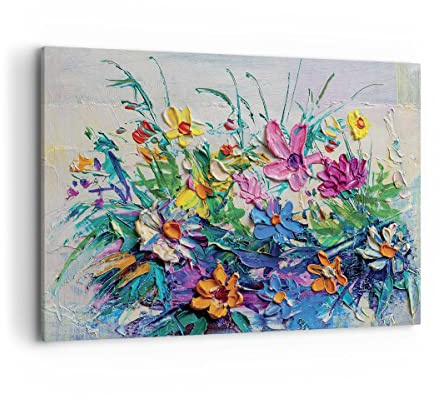 Wandbilder Dekoration Wohnzimmer Blumen die Farben pastos Bilder auf Leinwand 120x80cm Leinwandbild Schlafzimmer Küche Deko Wand Kunstdruck Art Groß XXL Wanddeko Bild Wall Decor Canvas AA120x80-4521