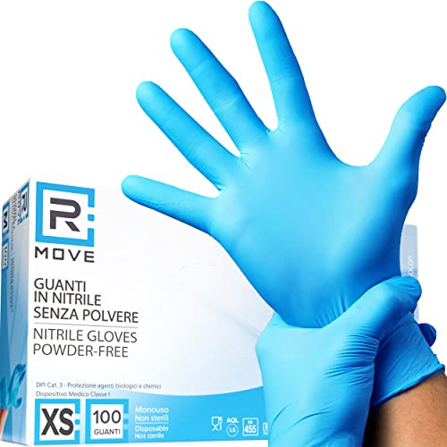 R MOVE Lot de 100 gants jetables en nitrile bleu XS sans poudre, gloves ambidextres jetables pour aliments, non stériles, sans latex, hypoallergéniques - pour les domaines médicaux, esthéticiennes