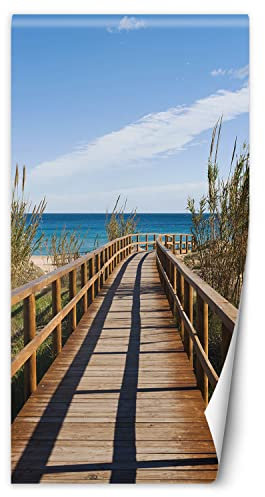 Feeby Türtapete Fototapete Fußgängerbrücke Strand Meer 80x210 cm Türposter Türpanel Vlies Tapete Wohnzimmer Schlafzimmer Kinderzimmer Büro Wasser Schilf Himmel Beige
