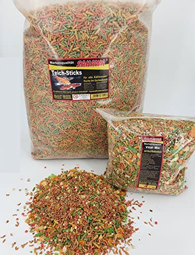 Sahawa® Premium Teichsticks 3-Fach Mix 4 Kg buntes Teichfutter + 1l Vitalmix mit Gammarus zum Testen, Futter für Goldfische, Kois, Gartenteich
