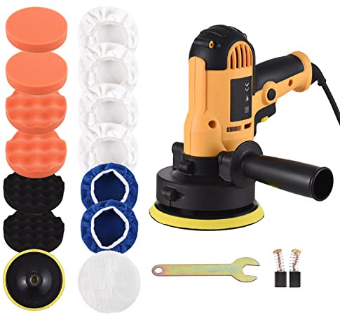 Irfora Kit de pulidora de coche eléctrico de 5 pulgadas, 700 W, 600 – 3700 rpm, máquina de pulido variable con mango auxiliar, lana de esponja, almohadillas giratorias para muebles de suelo, cerámica