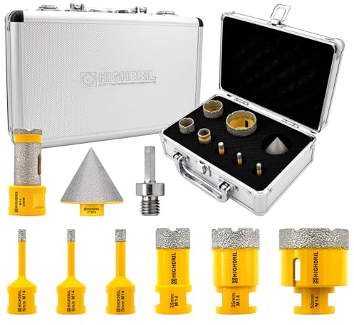 HIGHDRIL Diamantbohrer Fliesenbohrer Set - 6/6/8/25/35/50MM Diamant-Bohrkrone Lochsäge + 20MM Bohr Schleifbits + 50MM Fingerfräser M14 8Stück für Porzellan Keramik Fliesen Granit Marmor Trockenbohren