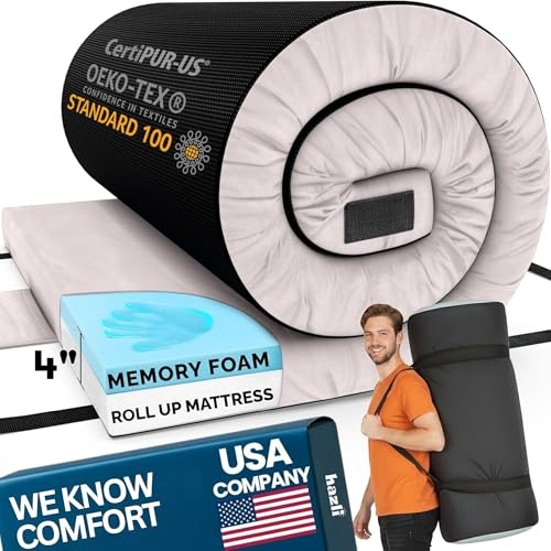 Hazli Matrix AirCell 4 Inch Memory Foam Camping Mattress Pad - Queen Roll Up Mattress for Adults - Double Portable Cot Sleeping Pad-2 Person Floor Mat or Bed Roll - Queen 80 x 60 x 4 Grey