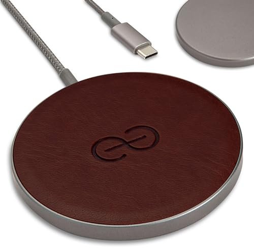 Dreem Empower Magnetic Wireless Charger Pad (Segundos de fábrica) - Compatible con MagSafe para iPhone 17/16/14/13/12 y Dispositivos con certificación Qi - Piel Vegana de Primera Calidad [Café]